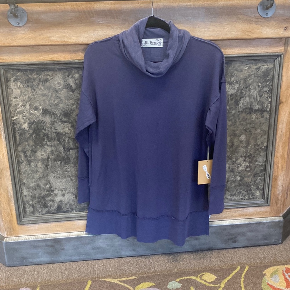 M. Rena navy blue cowl neck tunic with outside seams.